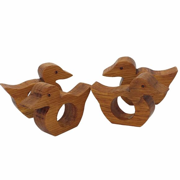 Vintage Primative Country Cottage Wooden Hand-carved Duck Napkin Rings Holders - Picture 1 of 9